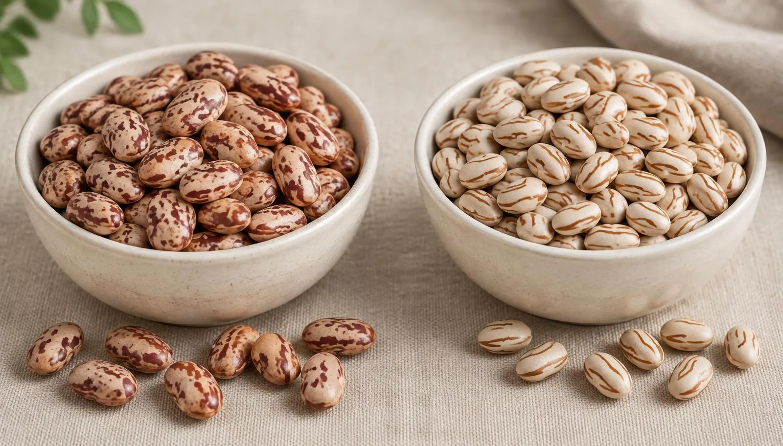 Two bowls of dry raw beans: mottled pinto beans on the left and striped carioca beans on the right