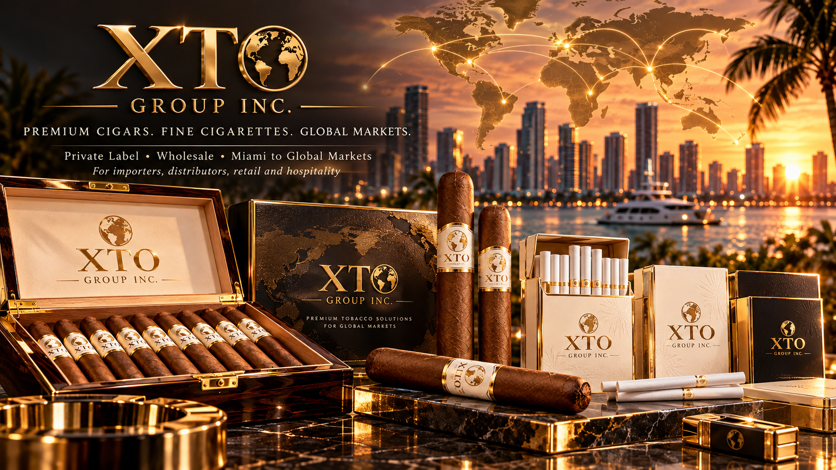 XTO GROUP INC. global tobacco showcase: branded cigar humidor, cigars, fine cigarette packs and Miami skyline with world map