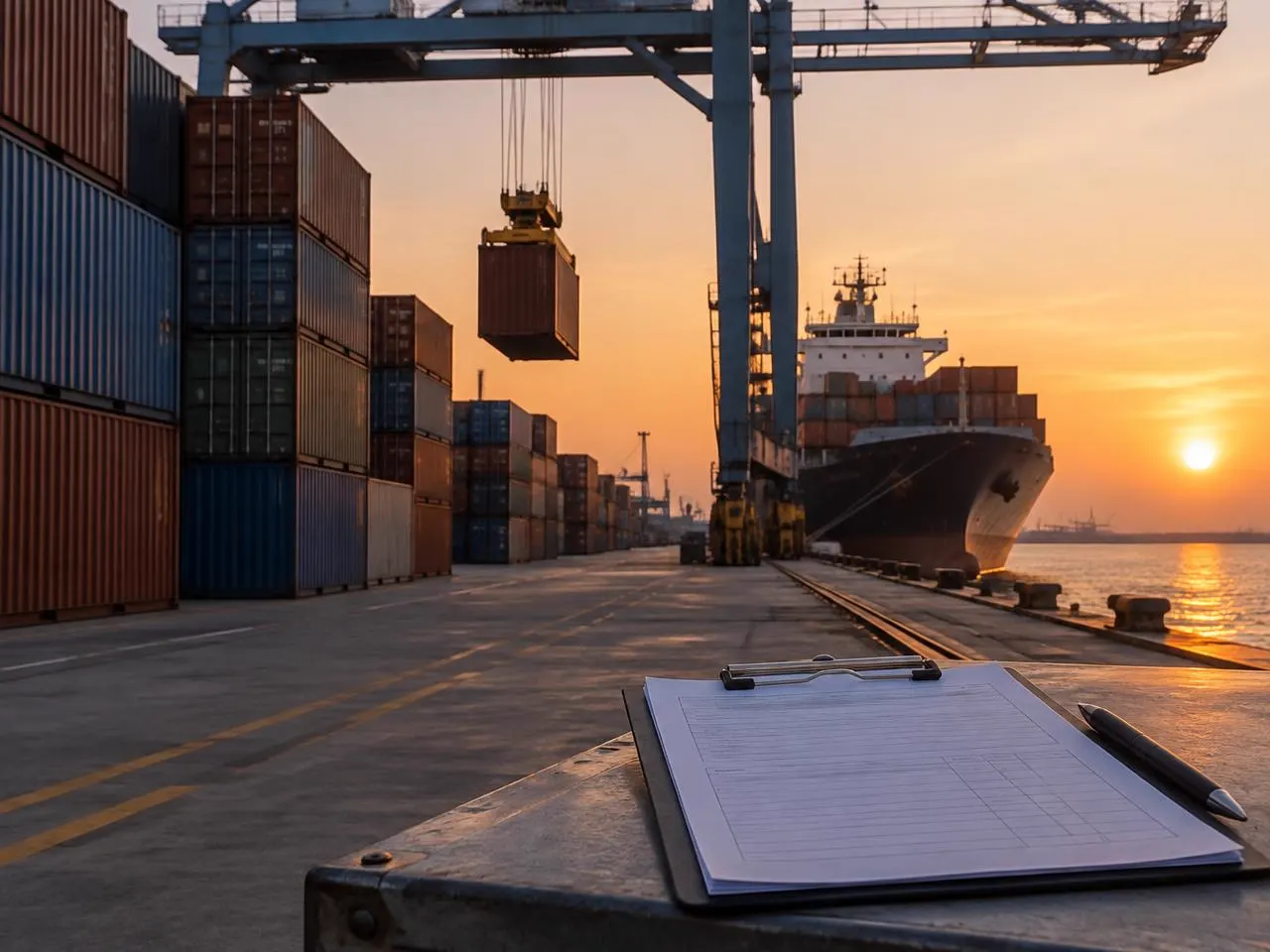 Shipping containers at a port terminal with shipment documents for coffee logistics
