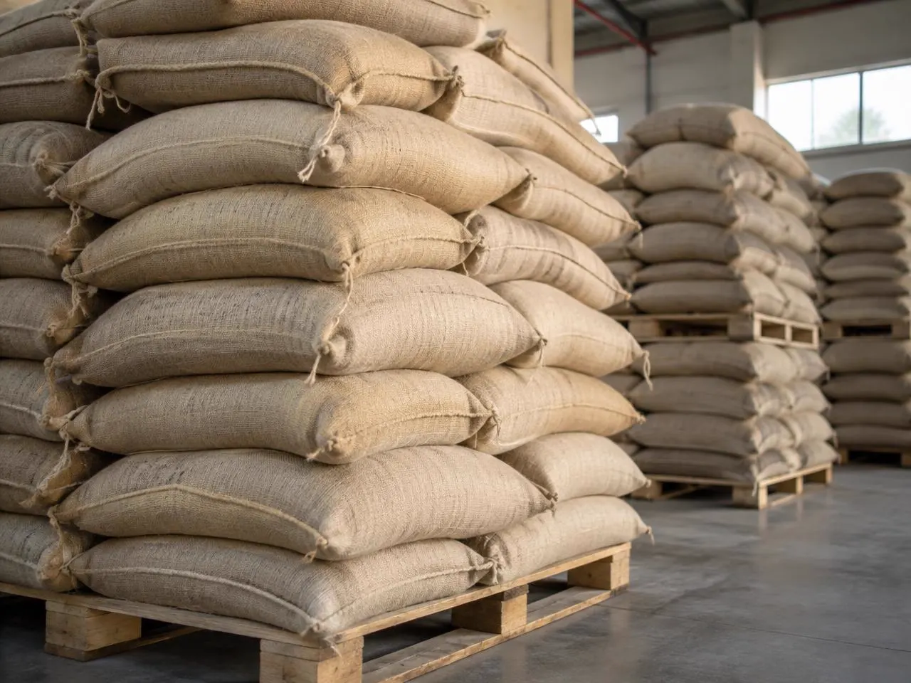 Unbranded jute coffee bags stacked on pallets for export packaging review