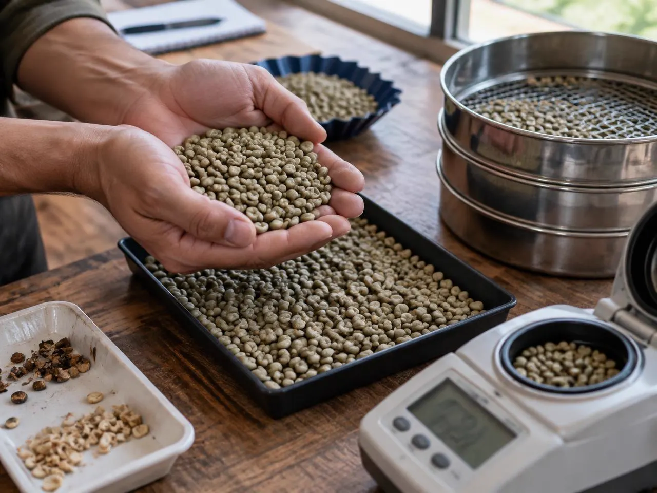 Green coffee beans reviewed for grade, screen size and moisture in a coffee quality lab