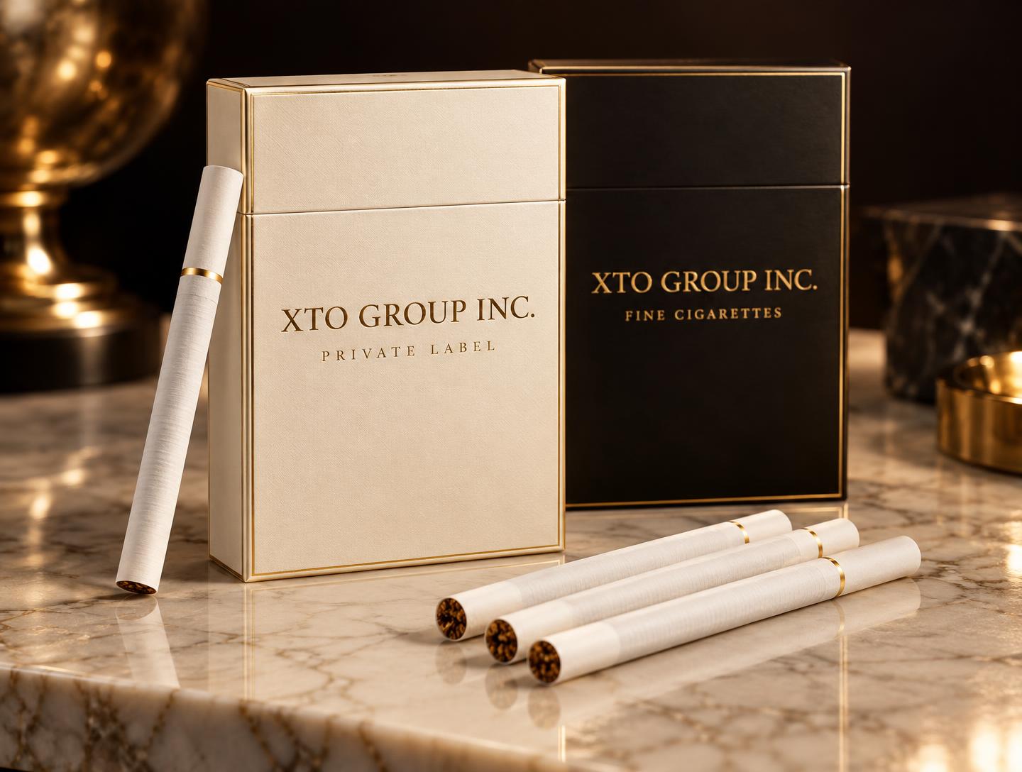 XTO GROUP INC. fine cigarettes private label: ivory box reading XTO GROUP INC. and PRIVATE LABEL, black box reading XTO GROUP INC. and FINE CIGARETTES, slim white cigarettes with gold bands on cream marble