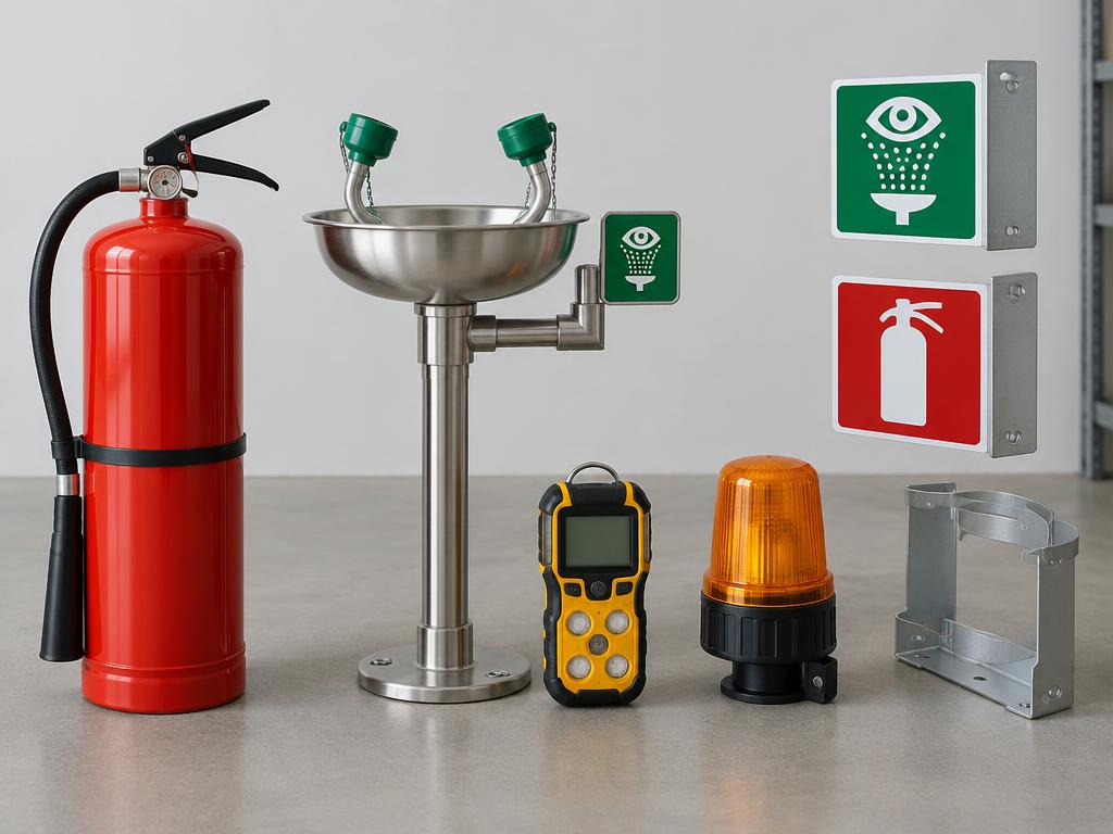 Industrial safety systems: fire extinguisher, eyewash station, gas detector and warning beacon for sourcing review