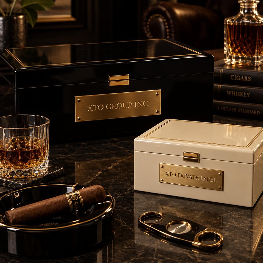XTO private label cigar boxes with gold plaques