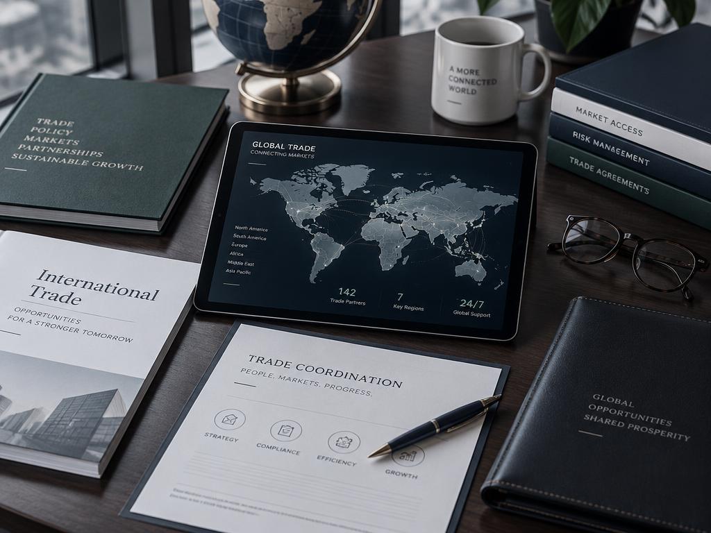International trade coordination workspace with commercial documents, global market dashboard and transaction materials